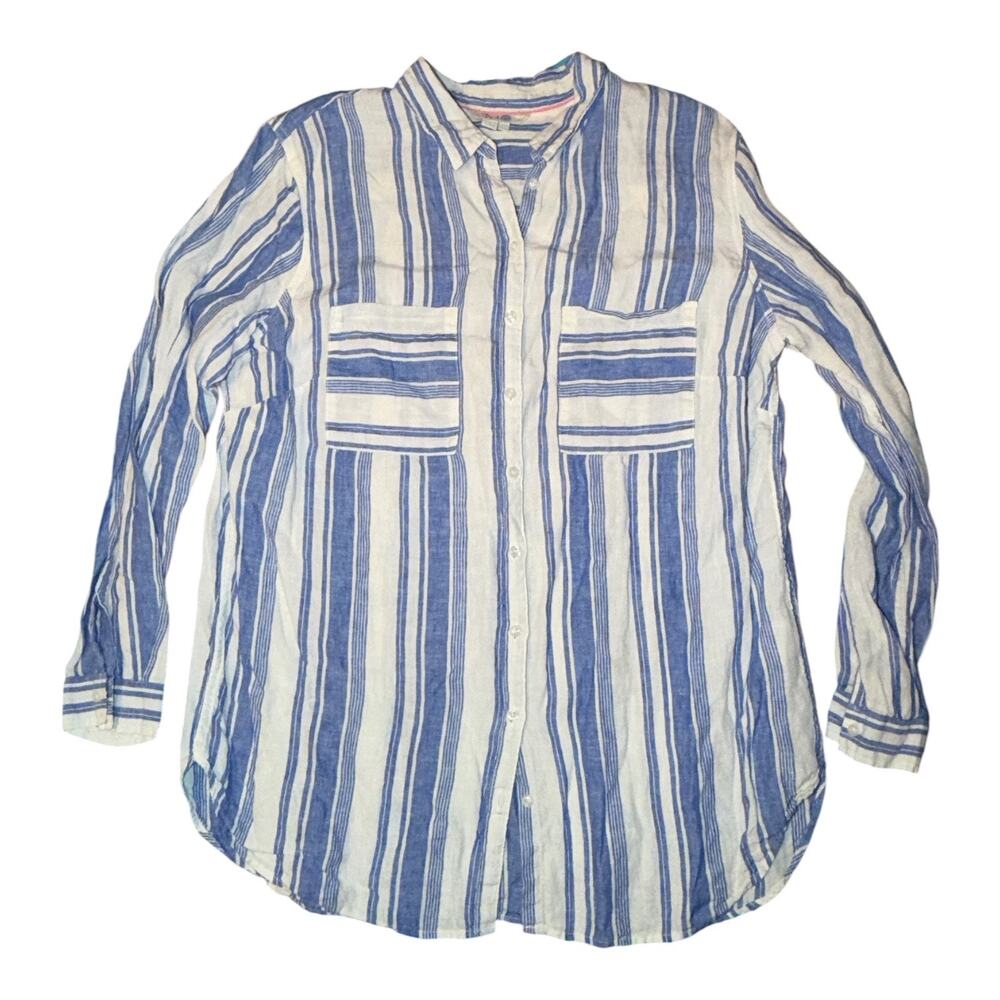 Boden Women’s Size 14L Blue White Striped 100% Linen Button Down Shirt